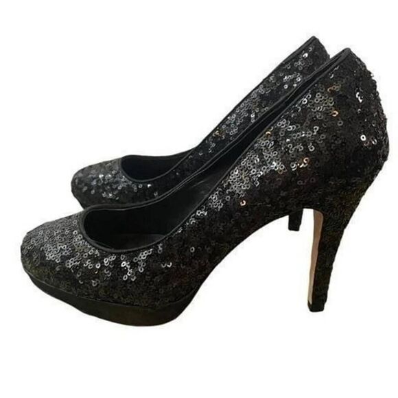 WHITE HOUSE BLACK MARKET Sequin Black Stiletto Pump Heels Leather size 9.5 - Picture 1 of 6